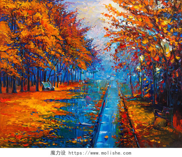原始的油画展示了美丽的秋天公园与空的长椅在画布上